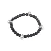 Black Lava Bead Stretch Bracelet with Silver Skulls