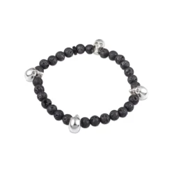 Black Lava Bead Stretch Bracelet with Silver Skulls