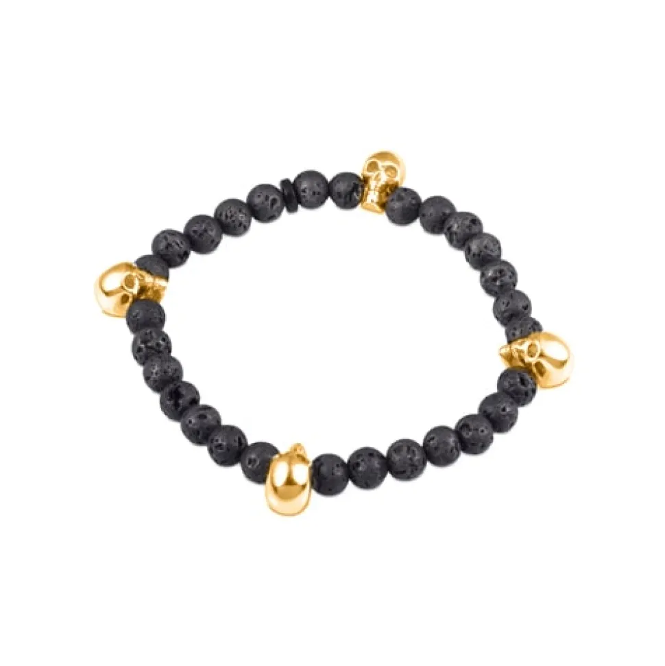 Black Lava Bead Stretch Bracelet with Rose Gold Plate Skulls