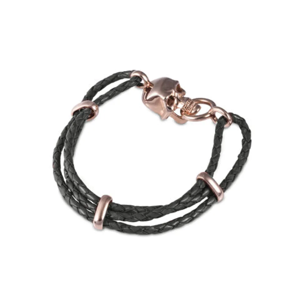 Black Leather Adjustable Bracelet With Skull Clasp In Rose Gold Finish