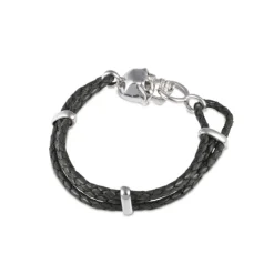 Black Leather Adjustable Bracelet With Skull Clasp In Silver Finish