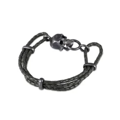 Black Leather Adjustable Bracelet With Skull Clasp In Matte Black Fini