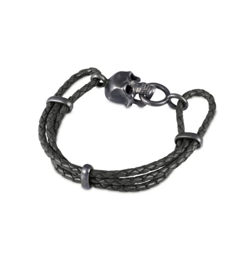 Black Leather Adjustable Bracelet With Skull Clasp In Matte Black Fini