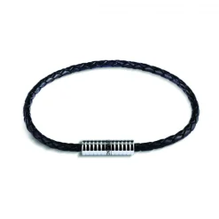 Black Leather Bracelet with Rhodium Plated Clasp