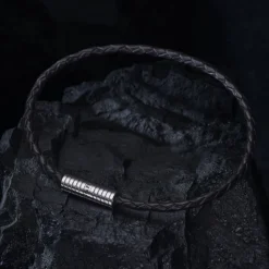 Black Leather Bracelet with Rhodium Plated Clasp