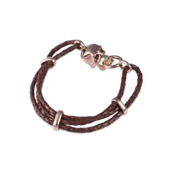 Brown Leather Adjustable Bracelet With Skull Clasp in Rose Gold Finish