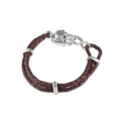 Brown Leather Adjustable Bracelet With Skull Clasp In Silver Finish