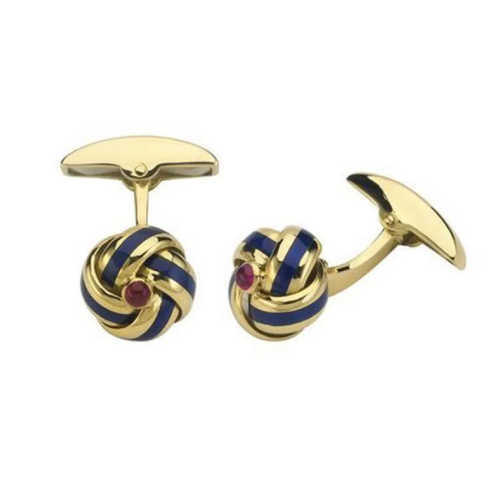 18ct Gold Knot Enamel Cufflinks with Ruby Centre