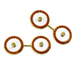 18ct Gold Mother-of-Pearl Cufflinks with Yellow Diamond & Orange Ename