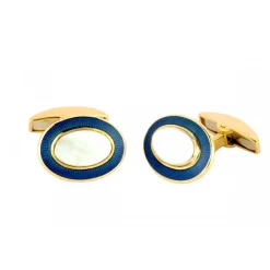 18ct Gold Oval Cufflinks with Mother-of-Pearl & Royal Blue Border