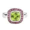 18ct White Gold Cushion Shape Peridot Ring With Pink Tourmaline Border