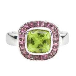 18ct White Gold Cushion Shape Peridot Ring With Pink Tourmaline Border