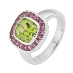 18ct White Gold Cushion Shape Peridot Ring With Pink Tourmaline Border