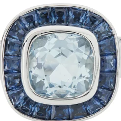 18ct White Gold Cushion Shape Aquamarine Ring With Sapphire Border