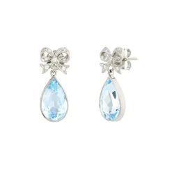 18ct White Gold Diamond Bow Earrings With Blue Topaz Drops