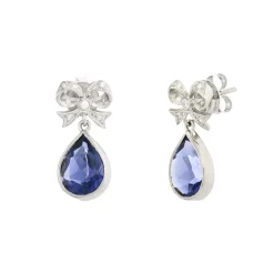 18ct White Gold Diamond Bow Earrings With Blue Lolite Drops