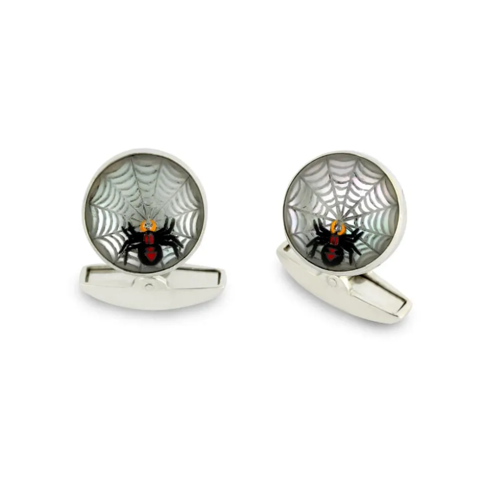 18ct White Gold Hand-painted Rock Crystal Spider Web Cufflinks