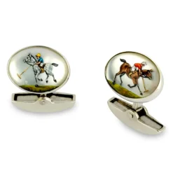 18ct White Gold Hand-painted Rock Crystal Polo Player Cufflinks