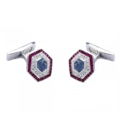 18ct White Gold Hexagonal Cufflinks with Ruby, Sapphire and Diamond