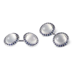 18ct White Gold Moonstone Cufflinks With Sapphire Border