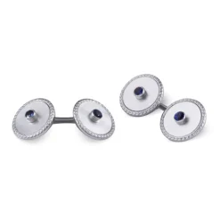 18ct White Gold Mother of Pearl Cufflinks With Patterned Border and Sa
