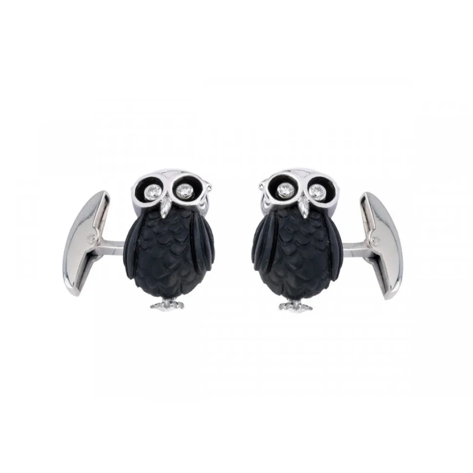 18ct White Gold Owl Cufflinks with Diamond Eyes