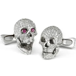 18ct White Gold Pavé Diamond Skull Cufflinks with Ruby Eyes