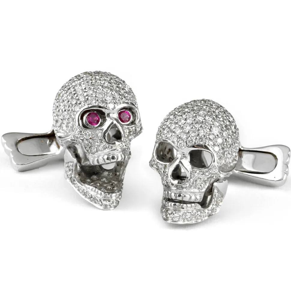 18ct White Gold Pavé Diamond Skull Cufflinks with Ruby Eyes