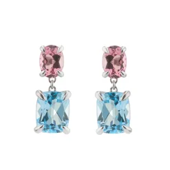 18ct White Gold Pink Tourmaline With Blue Topaz Drop Earrings