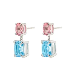 18ct White Gold Pink Tourmaline With Blue Topaz Drop Earrings