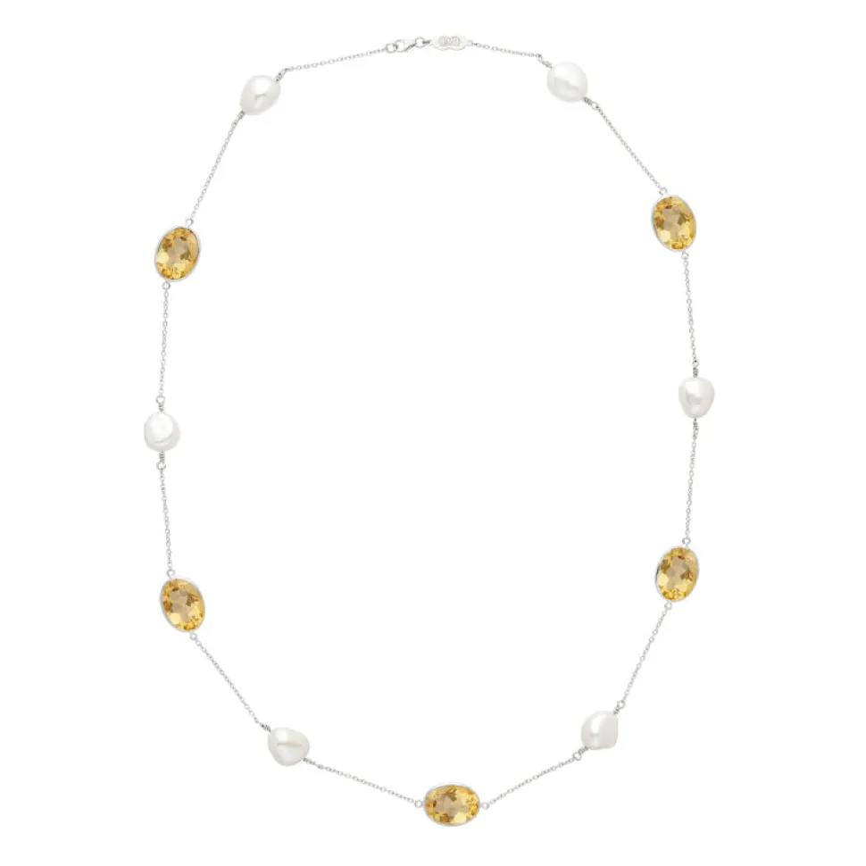 18ct White Gold 24" Citrine And Pearl Necklace