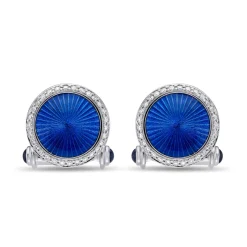 18ct White Gold Round Blue Enamel Cufflinks with Diamond Border and Bl