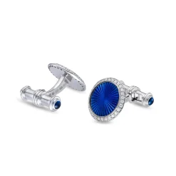 18ct White Gold Round Blue Enamel Cufflinks with Diamond Border and Bl