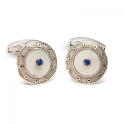 18ct White Gold Round Cufflinks with Light Grey Border & Mother-of-Pea