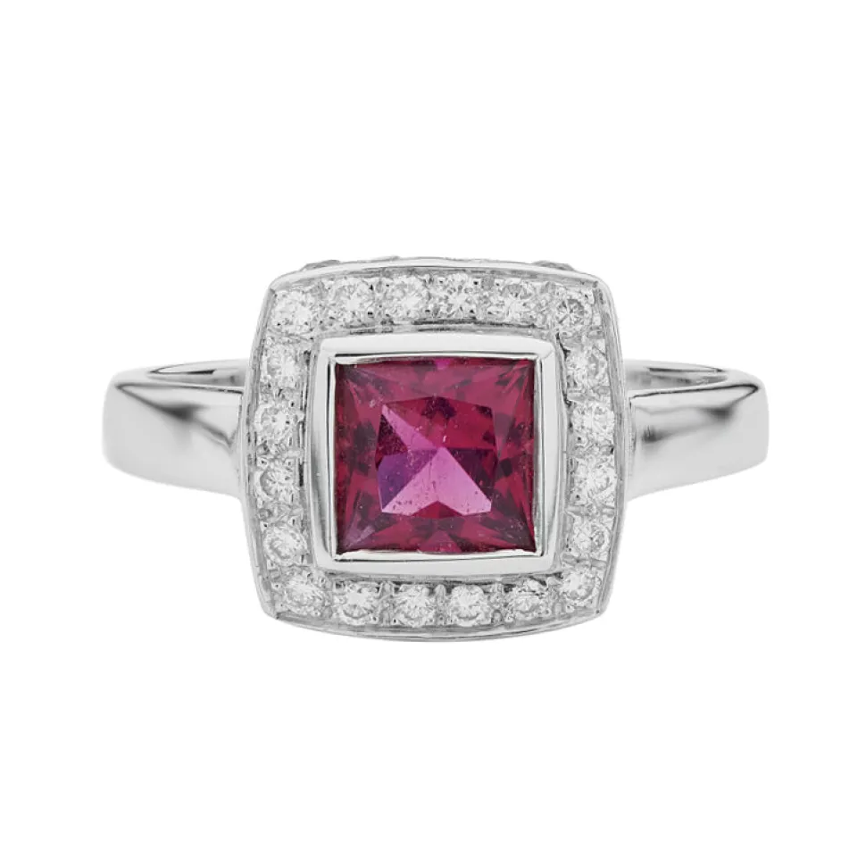 18ct White Gold Rubellite And Diamond Ring with Blue Sapphires