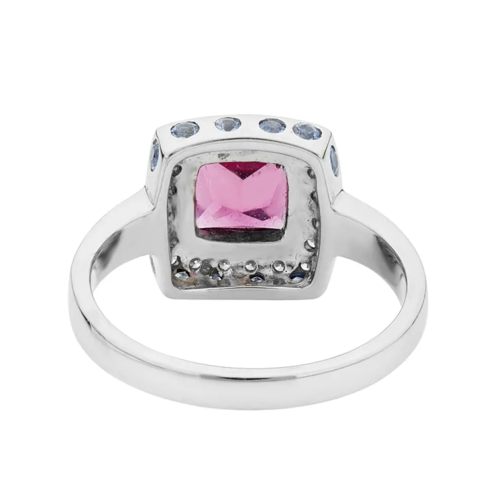 18ct White Gold Rubellite And Diamond Ring with Blue Sapphires