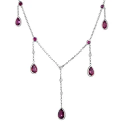 18ct White Gold Rubellite, Cultured Pearl and Diamond Drop Necklace