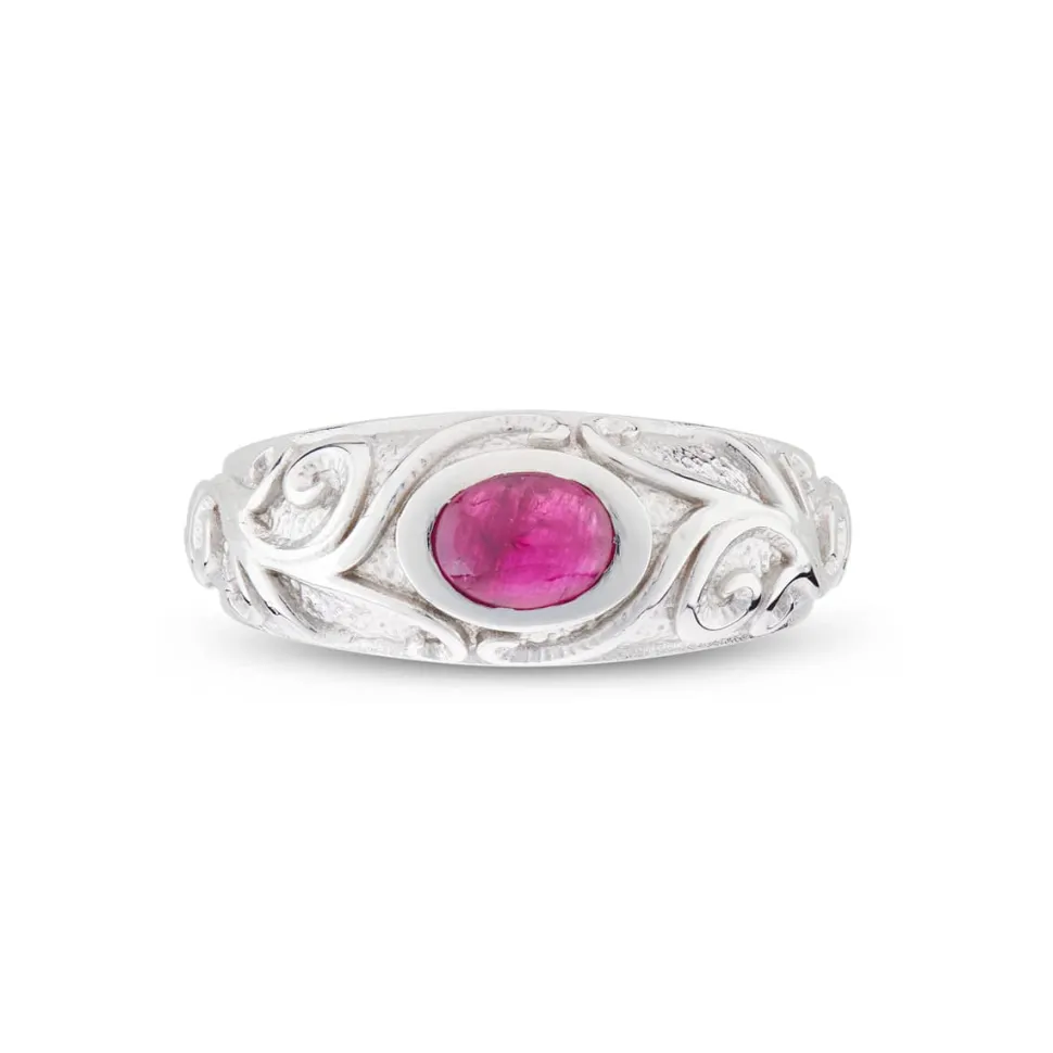 18ct White Gold Ruby Gypsy Ring With Scrolling Sides