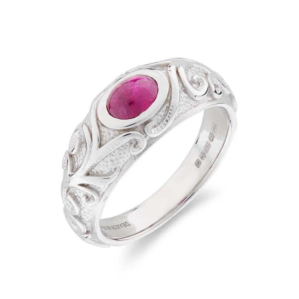 18ct White Gold Ruby Gypsy Ring With Scrolling Sides