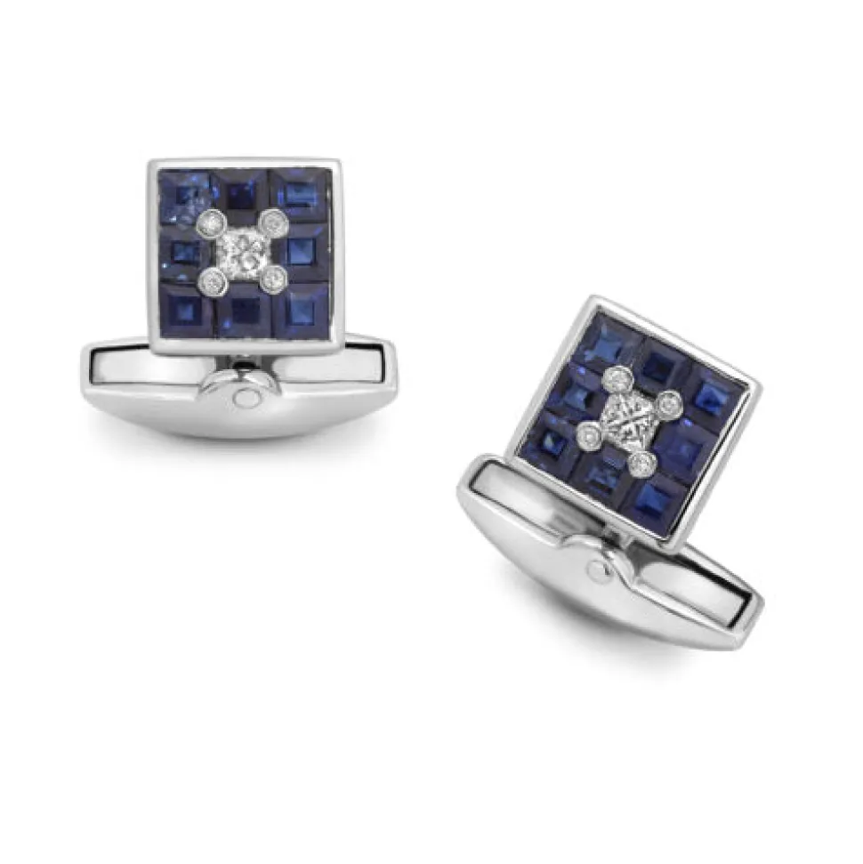 18ct White Gold Sapphire And Diamond Small Square Cufflinks