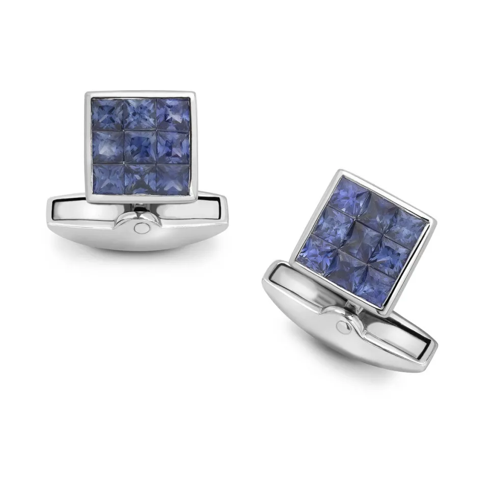 18ct White Gold Sapphire Small Square Cufflinks