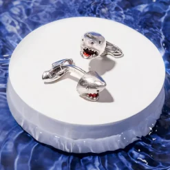 18ct White Gold Shark Cufflinks with Moving Jaw and Diamond Eyes