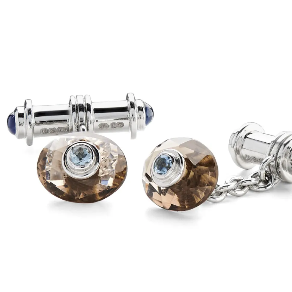 18ct White Gold Smokey Quartz And Aquamarine Cufflinks With Sapphire D
