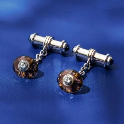 18ct White Gold Smokey Quartz Cufflinks With Sapphire Dumbbell Bars