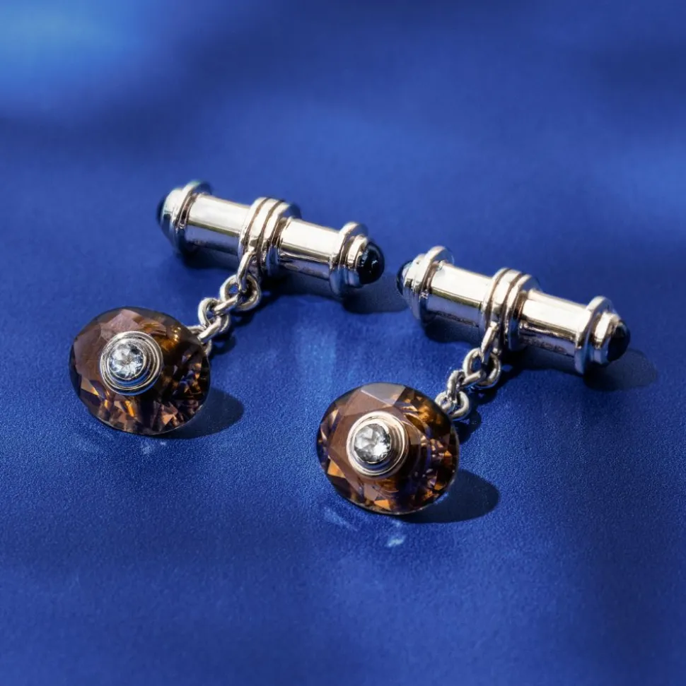 18ct White Gold Smokey Quartz And Aquamarine Cufflinks With Sapphire D