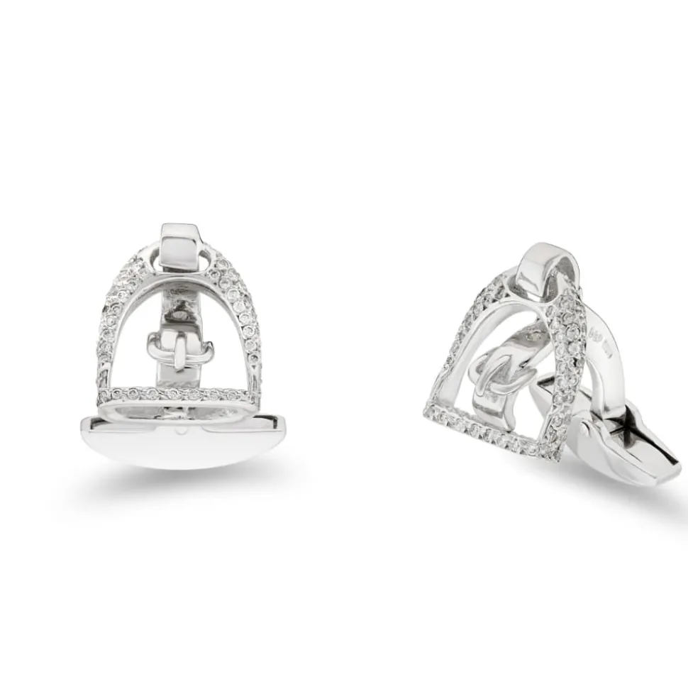 18ct White Gold Stirrup Cufflinks With Pav Diamond Border