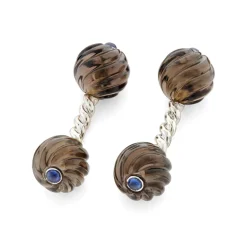 18ct White Gold Twisted Bar Cufflink With Smokey Quartz and Sapphire