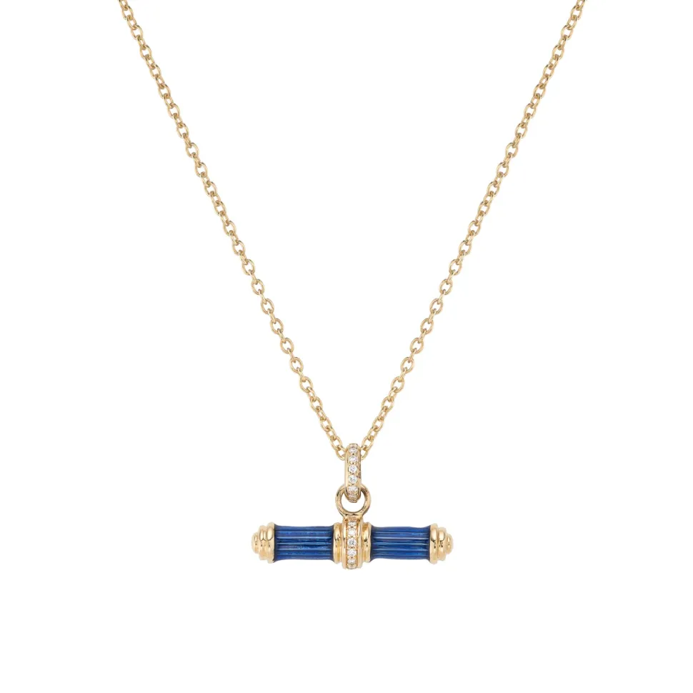 18ct Yellow Gold Bar Necklace Blue Enamel Diamond Bar on Chain