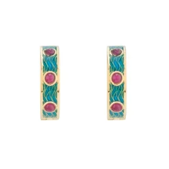 18ct Yellow Gold Blue Enamel And Ruby Hoop Earrings