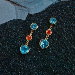 18ct Yellow Gold Blue Topaz And Fire Opal Drop Earrings